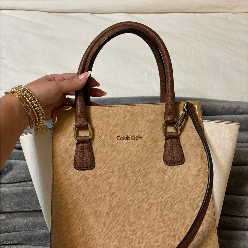 Calvin Klein Beige and Brown Tote Bag